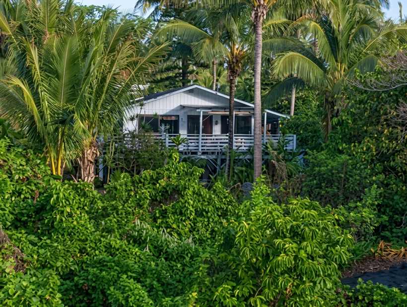 Ma'ukele Lodge nestled in tropical palms above the Puna coast